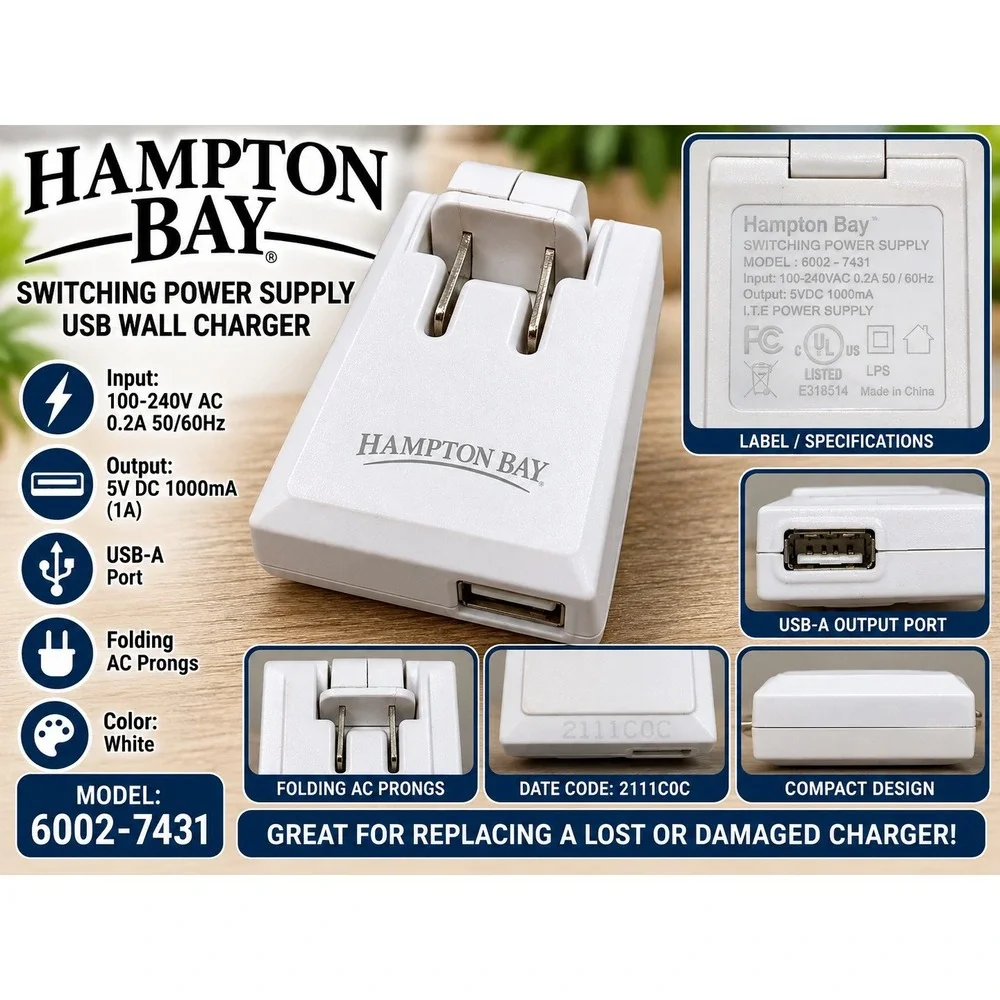 Hampton Bay USB Wall Charger White Folding Prongs Power Supply 6002-7431 5V 1A